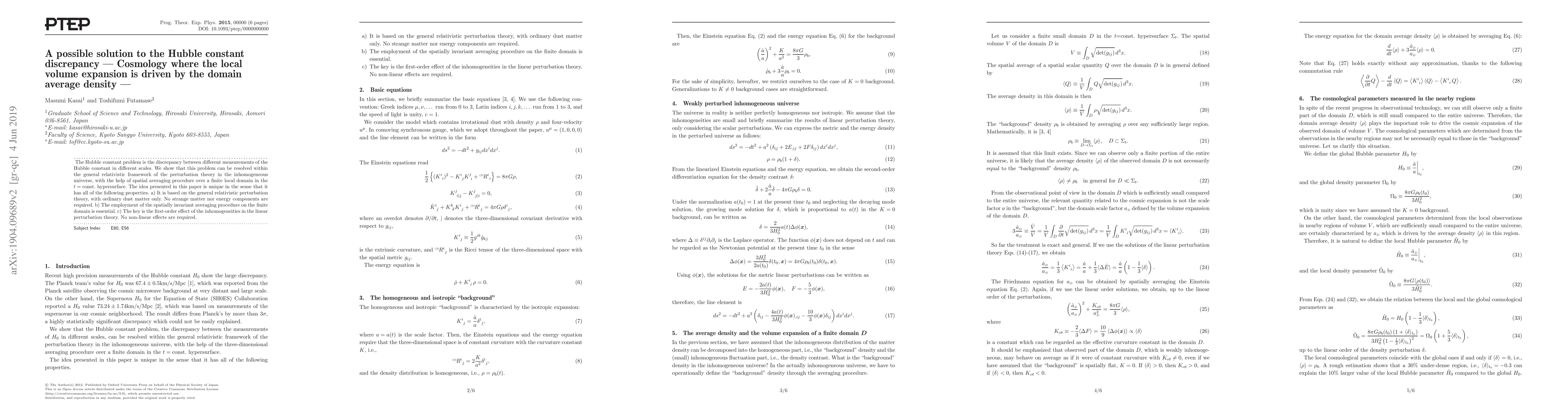 Thumbnail for A possible solution to the Hubble constant discrepancy -- Cosmology
  where the local volume expansion is driven by the domain average density