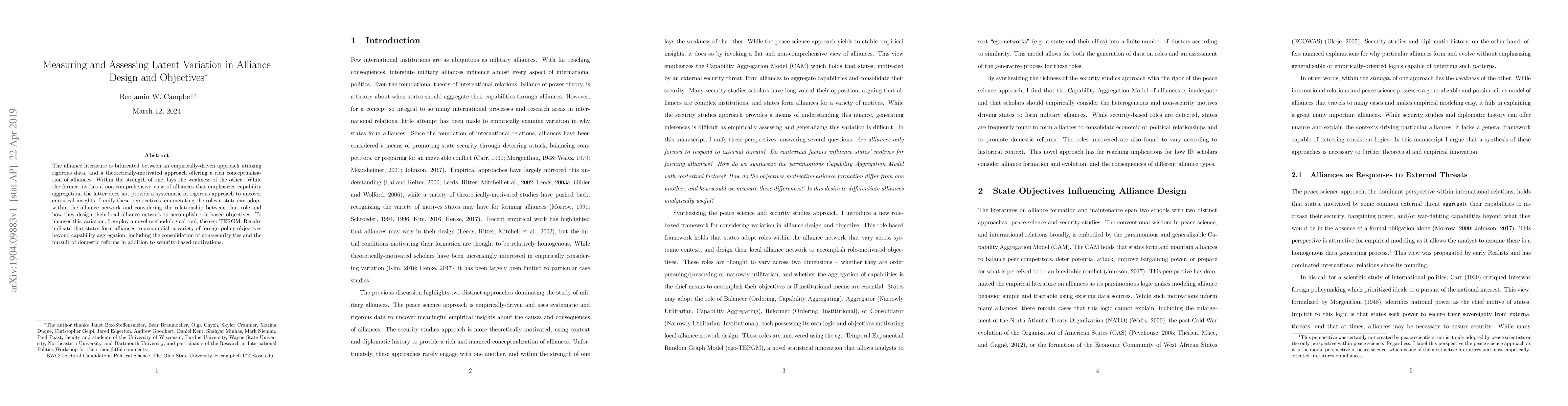 Thumbnail for Measuring and Assessing Latent Variation in Alliance Design and
  Objectives