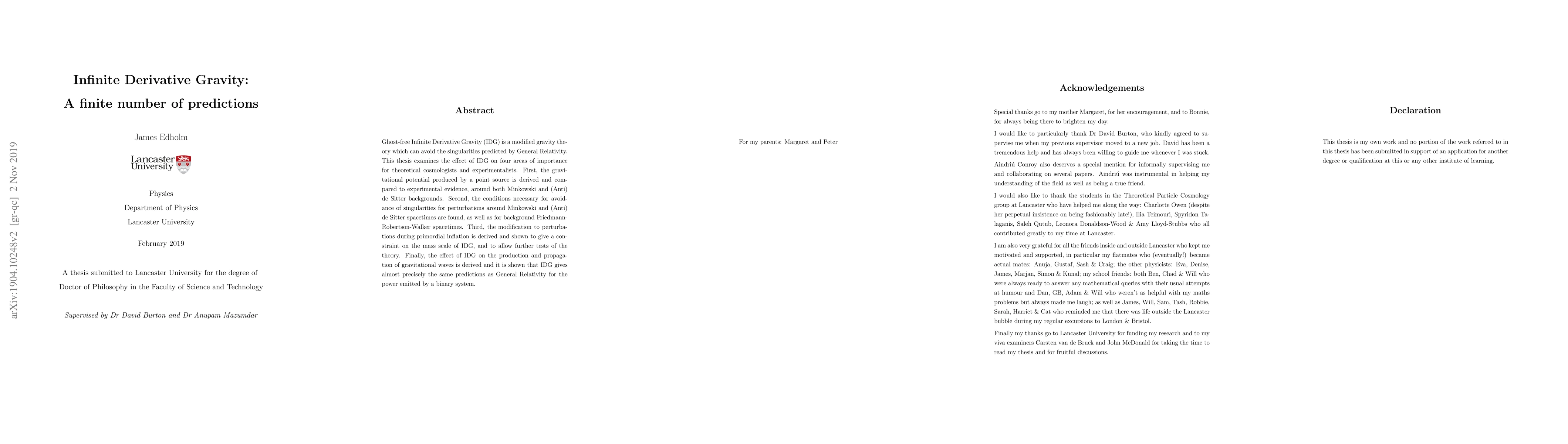 Thumbnail for Infinite Derivative Gravity: A finite number of predictions