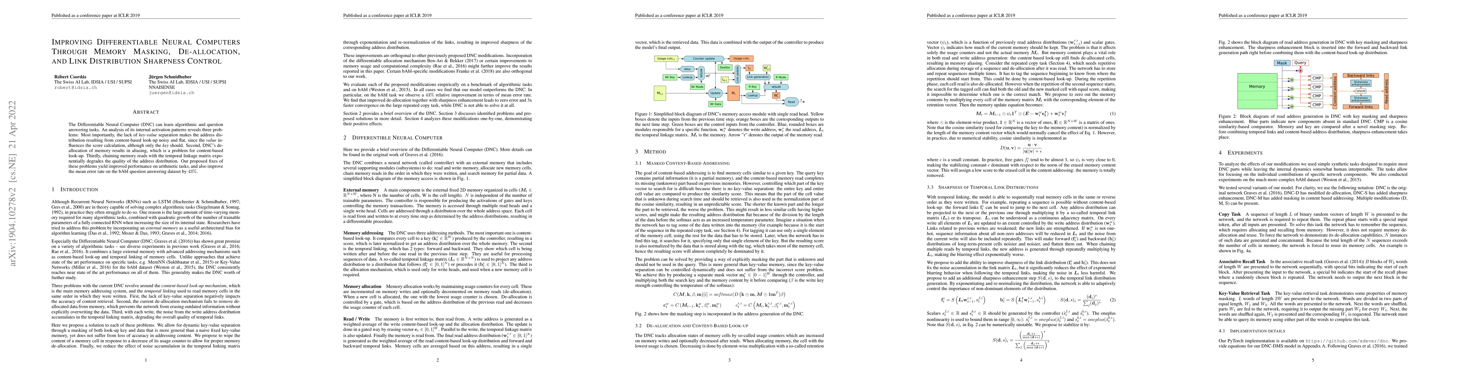Thumbnail for Improving Differentiable Neural Computers Through Memory Masking,
  De-allocation, and Link Distribution Sharpness Control
