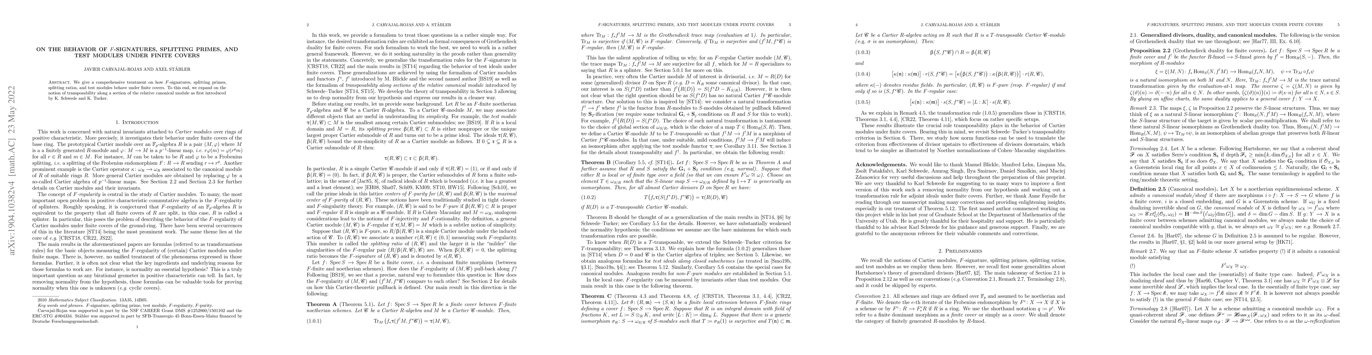 Thumbnail for On the behavior of $F$-signatures, splitting primes, and test modules
  under finite covers