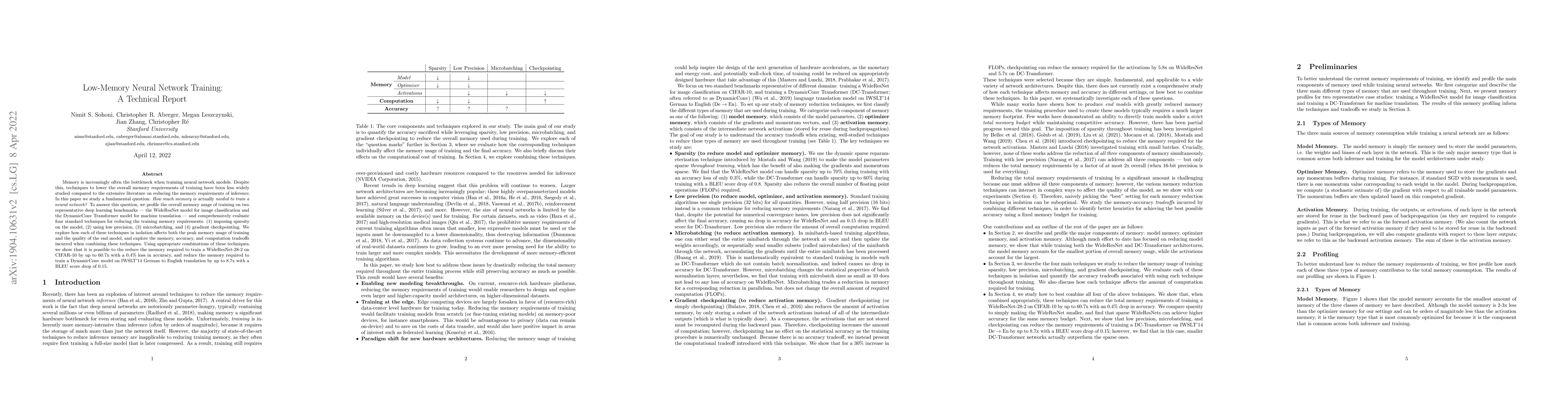 Thumbnail for Low-Memory Neural Network Training: A Technical Report