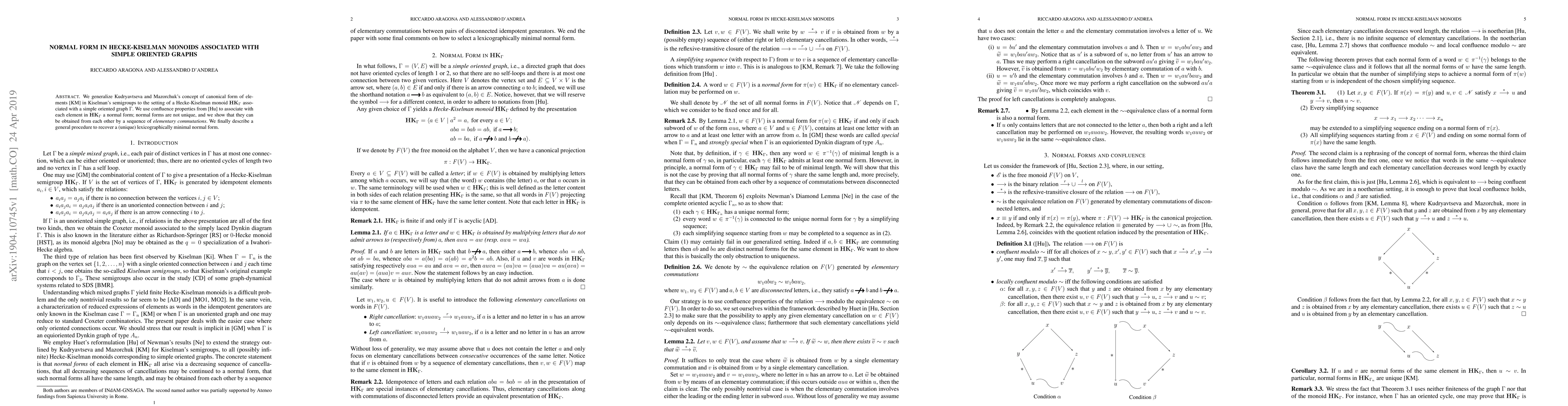 Thumbnail for Normal form in Hecke-Kiselman monoids associated with simple oriented
  graphs