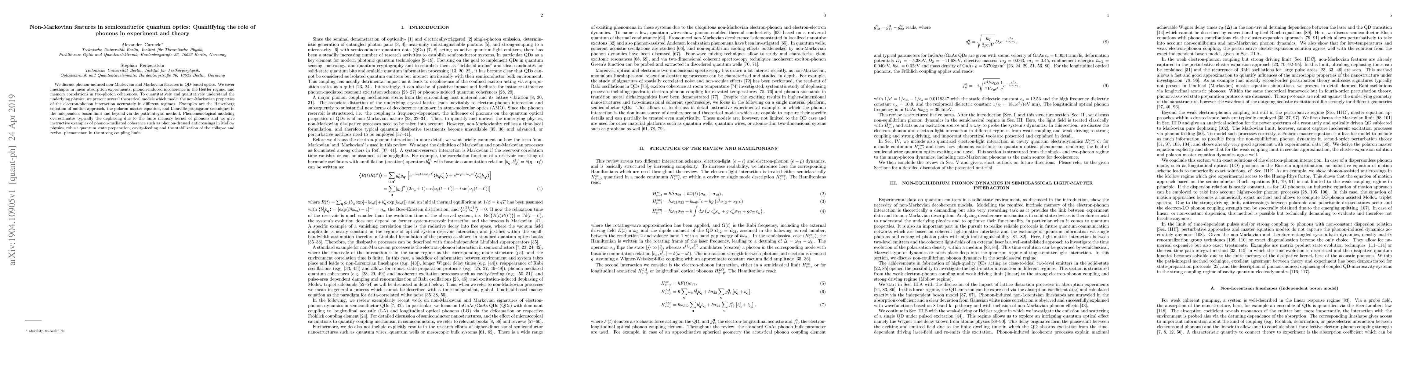 Thumbnail for Non-Markovian features in semiconductor quantum optics: Quantifying the
  role of phonons in experiment and theory