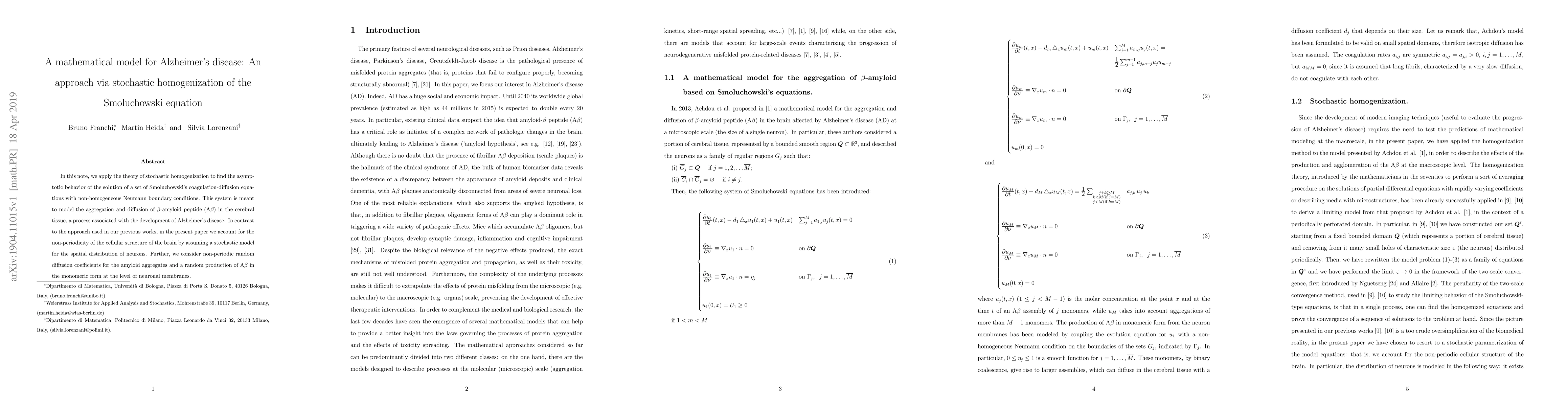 Thumbnail for A Mathematical model for Alzheimer's disease: An approach via stochastic
  homogenization of the Smoluchowski equation