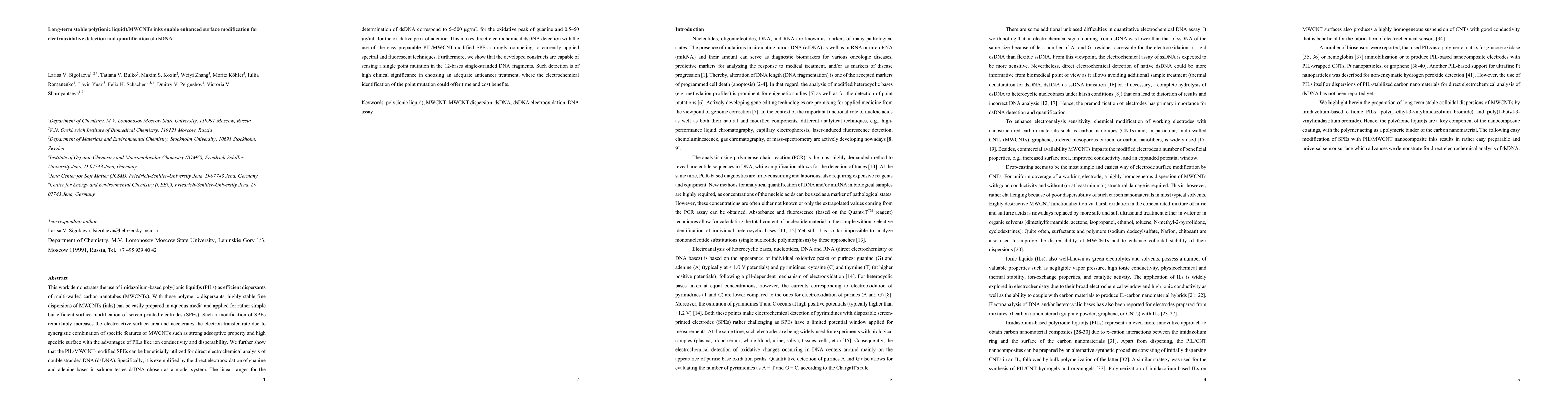 Thumbnail for Long-term stable poly(ionic liquid)/MWCNTs inks enable enhanced surface
  modification for electrooxidative detection and quantification of dsDNA