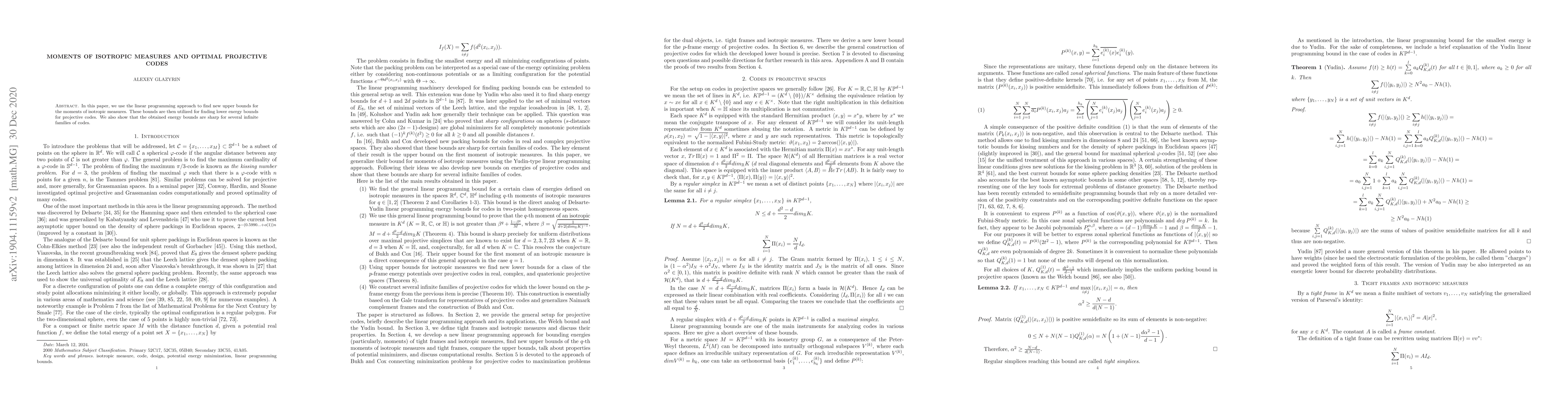 Thumbnail for Moments of isotropic measures and optimal projective codes