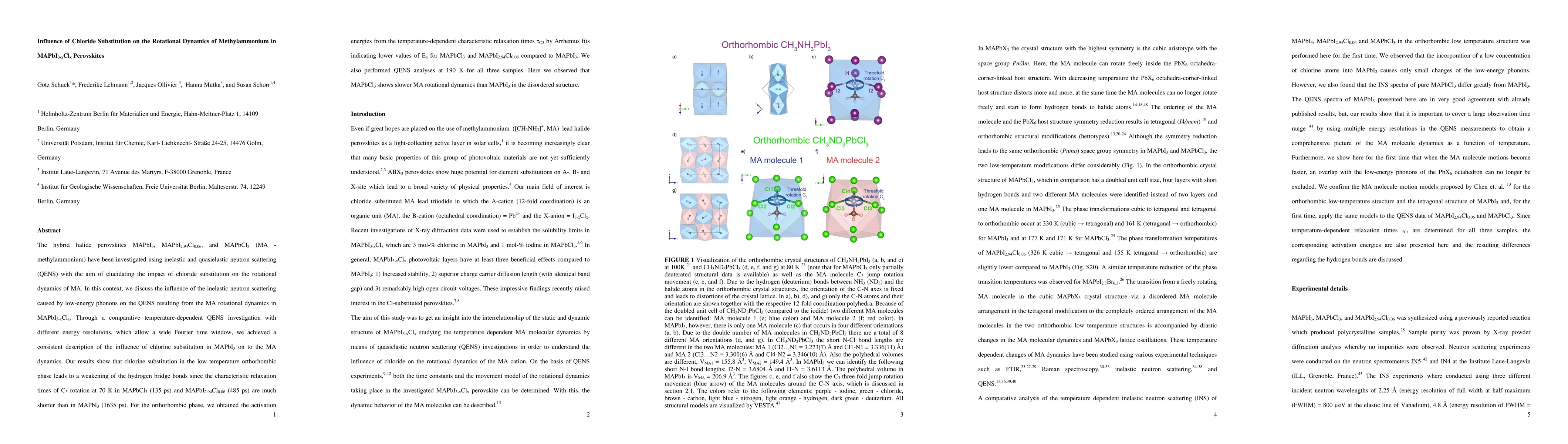 Thumbnail for Influence of Chloride Substitution on the Rotational Dynamics of
  Methylammonium in MAPbI$_{3-x}$Cl$_{x}$ Perovskites