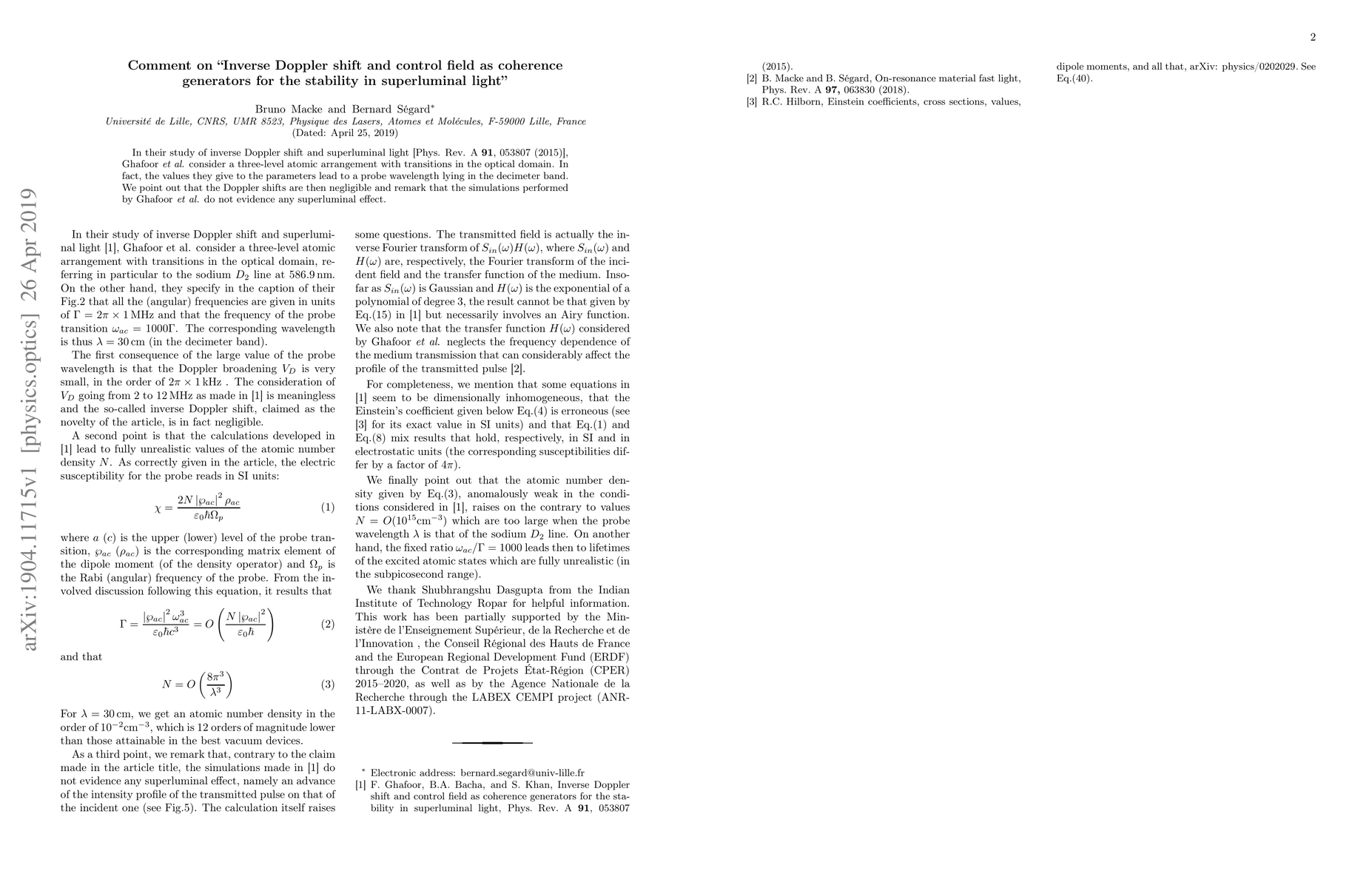 Thumbnail for Comment on ''Inverse Doppler shift and control field as coherence
  generators for the stability in superluminal light''