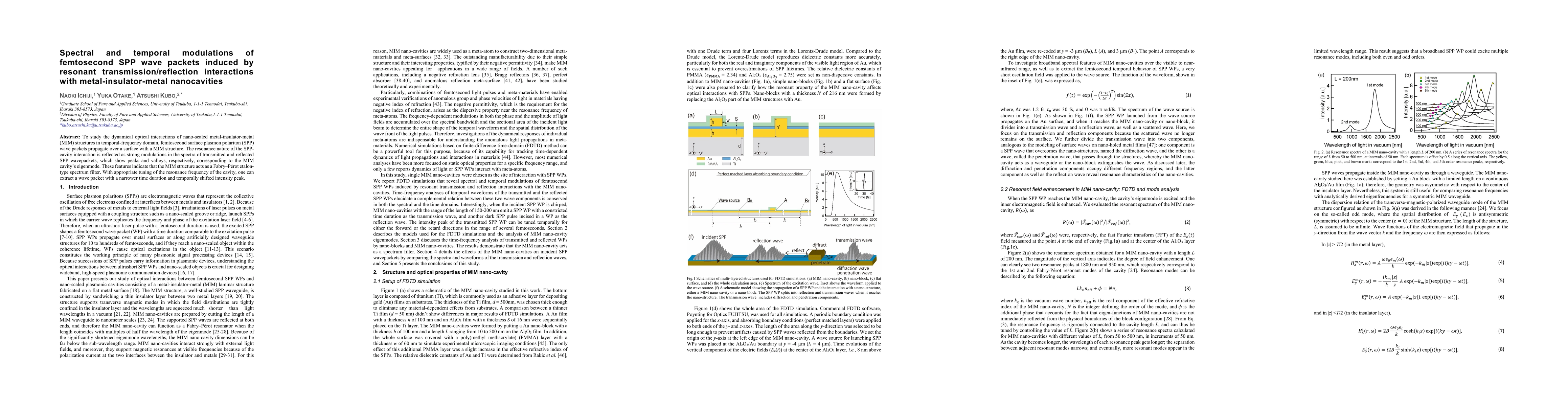 Thumbnail for Spectral and temporal modulations of femtosecond SPP wave packets
  induced by resonant transmission/reflection interactions with
  metal-insulator-metal nanocavities