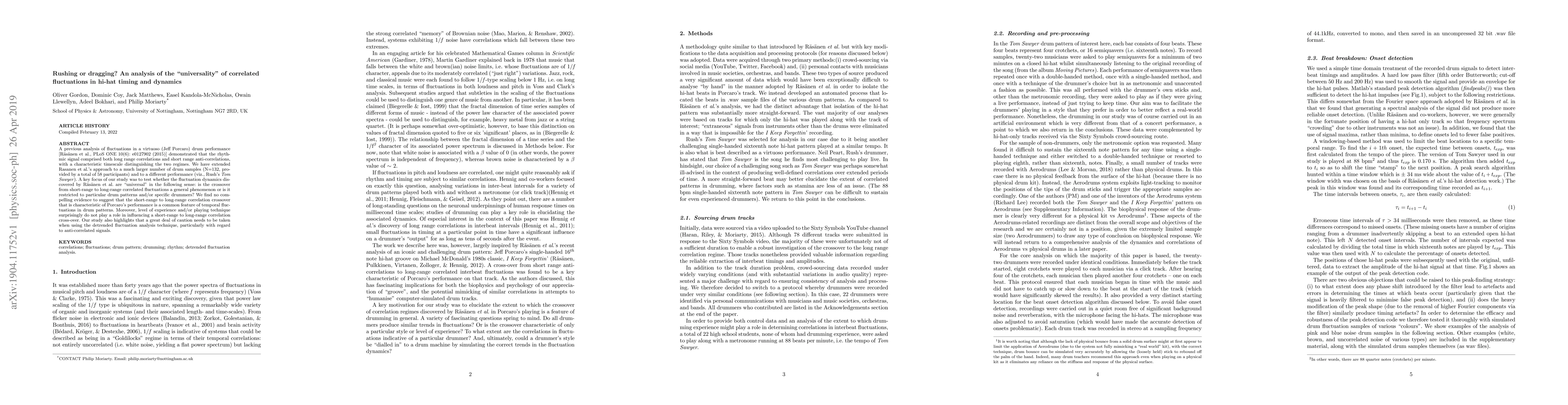 Thumbnail for Rushing or Dragging? An Analysis of the "Universality" of Correlated
  Fluctuations in Hi-Hat Timing and Dynamics