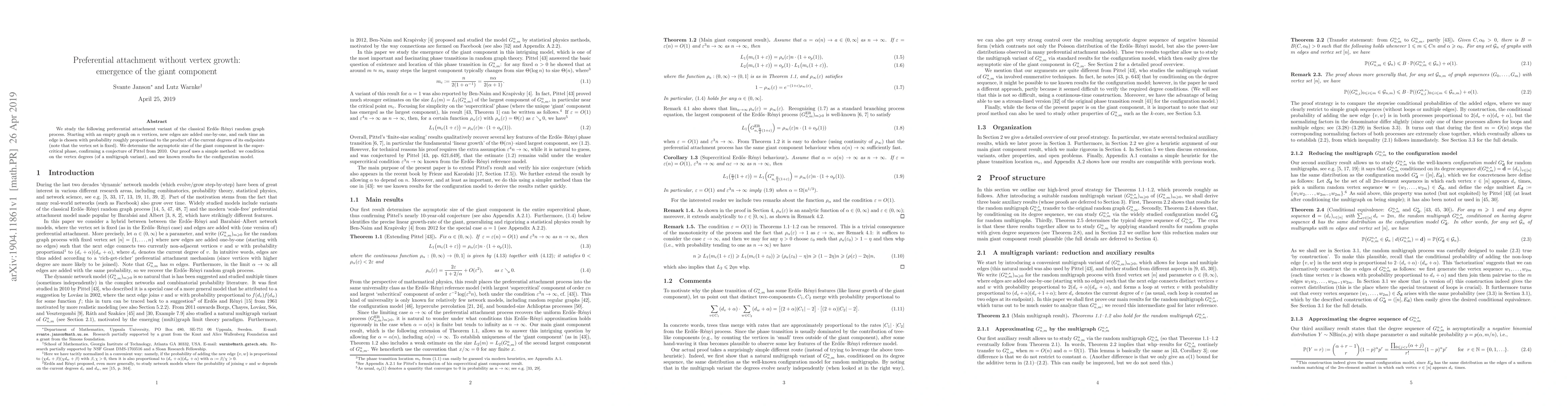 Thumbnail for Preferential attachment without vertex growth: emergence of the giant
  component