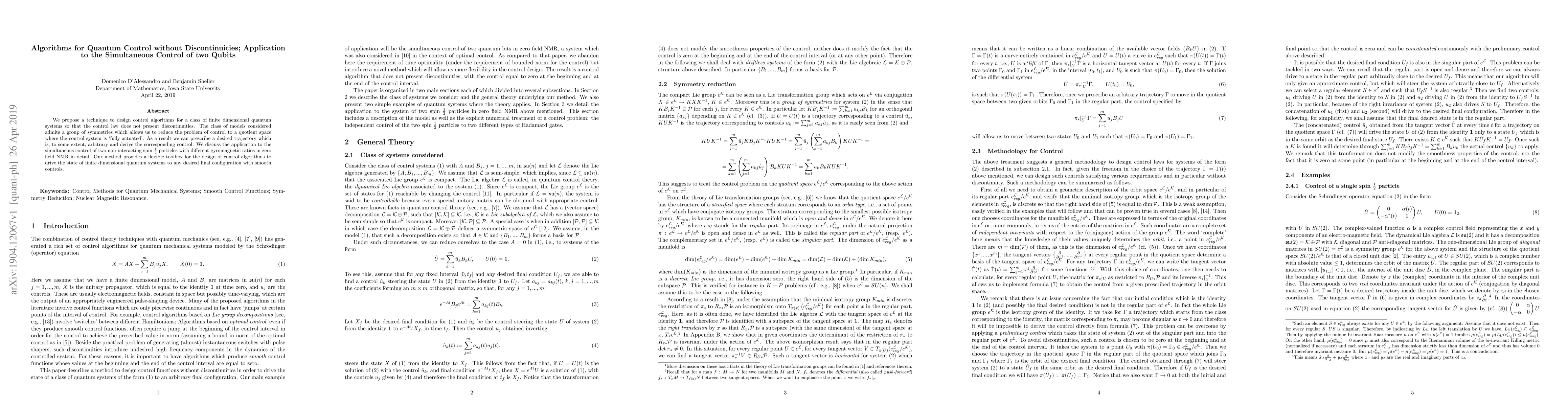 Thumbnail for Algorithms for Quantum Control without Discontinuities; Application to
  the Simultaneous Control of two Qubits