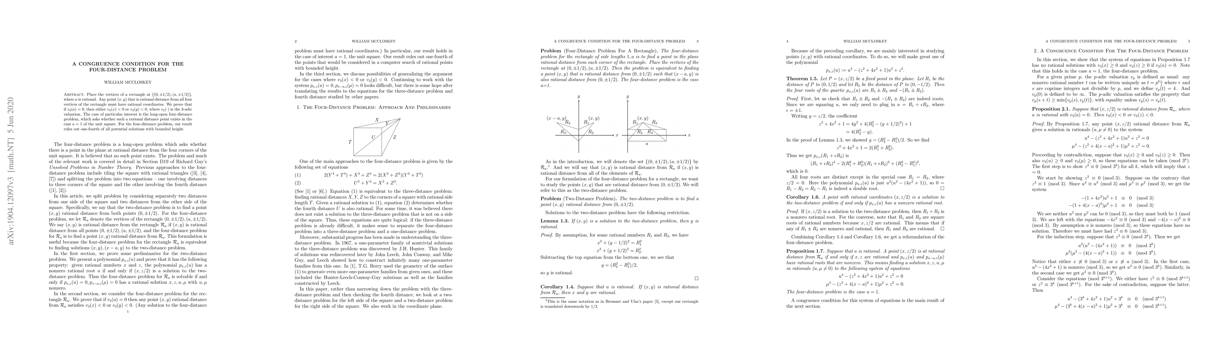 Thumbnail for A Congruence Condition For The Four-Distance Problem