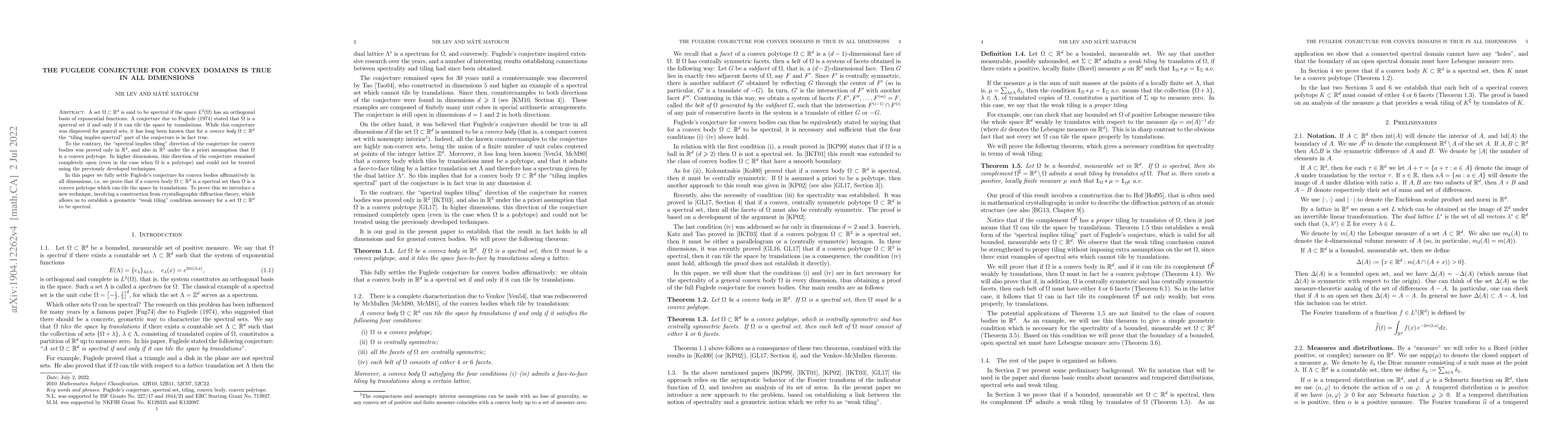 Thumbnail for The Fuglede conjecture for convex domains is true in all dimensions