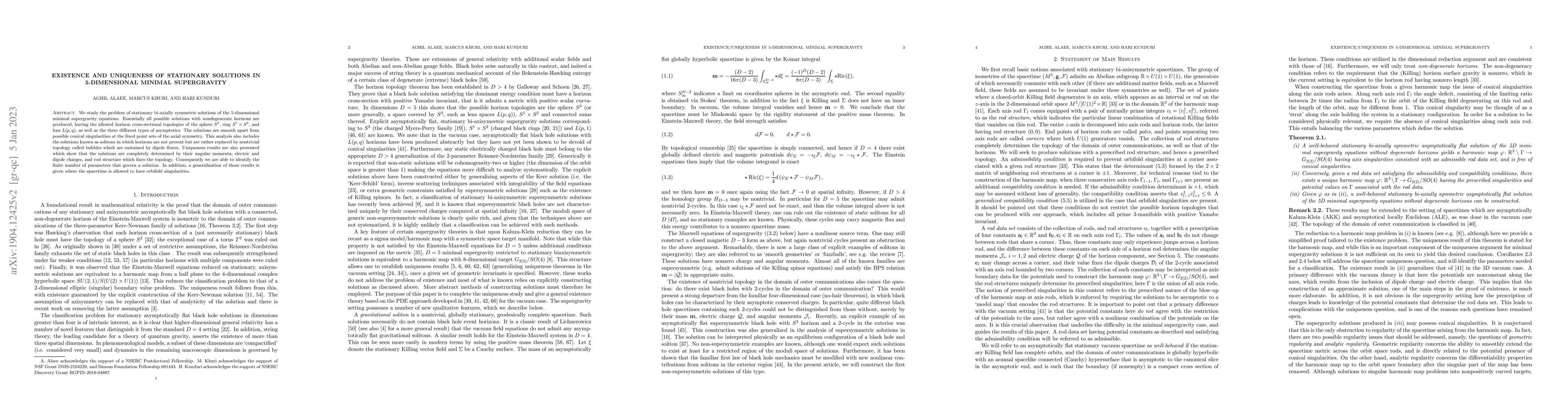 Thumbnail for Existence and Uniqueness of Stationary Solutions in 5-Dimensional
  Minimal Supergravity