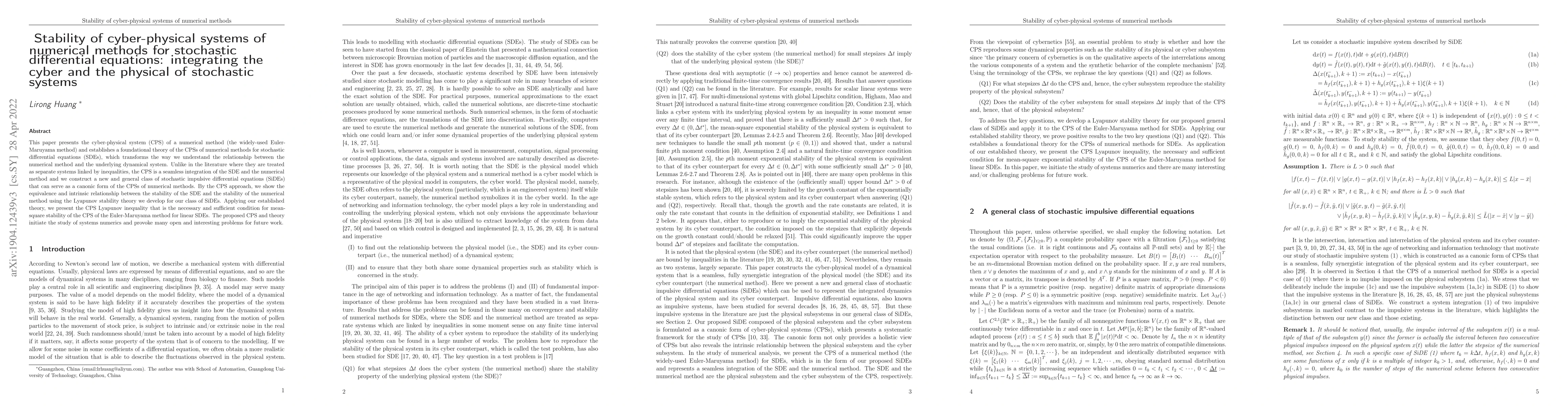 Thumbnail for Stability of cyber-physical systems of numerical methods for stochastic
  differential equations: integrating the cyber and the physical of stochastic
  systems