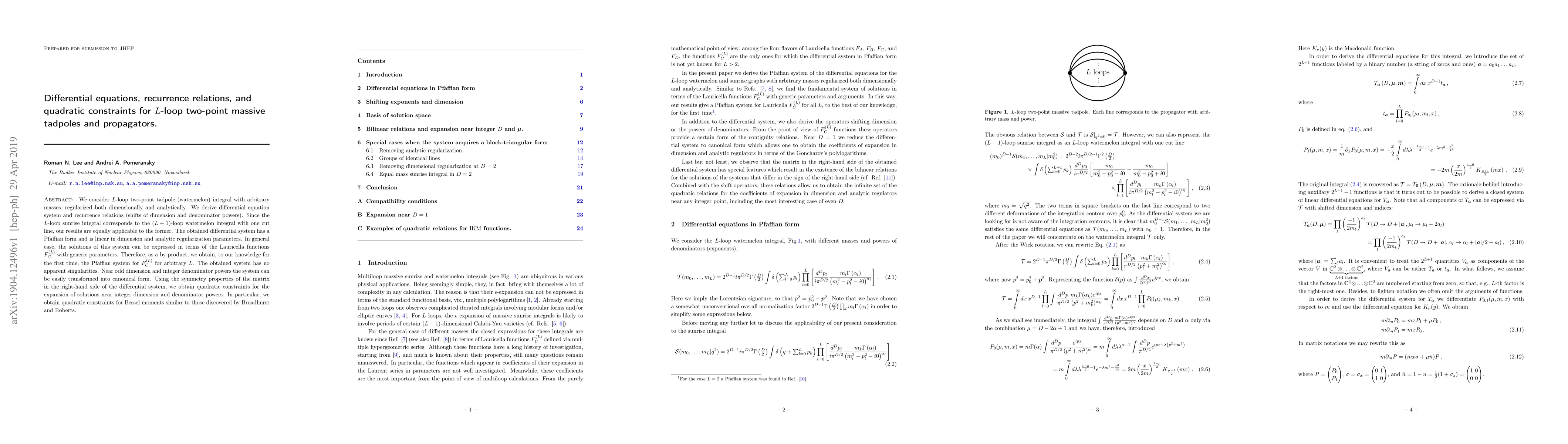 Thumbnail for Differential equations, recurrence relations, and quadratic constraints
  for $L$-loop two-point massive tadpoles and propagators