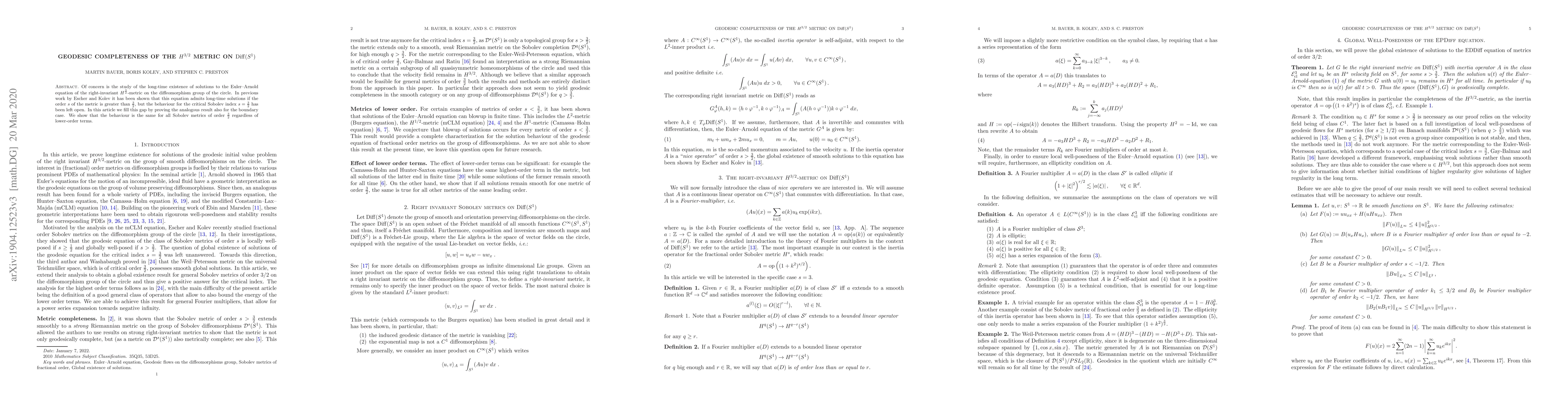 Thumbnail for Geodesic completeness of the $H^{3/2}$ metric on $\mathrm{Diff}(S^{1})$
