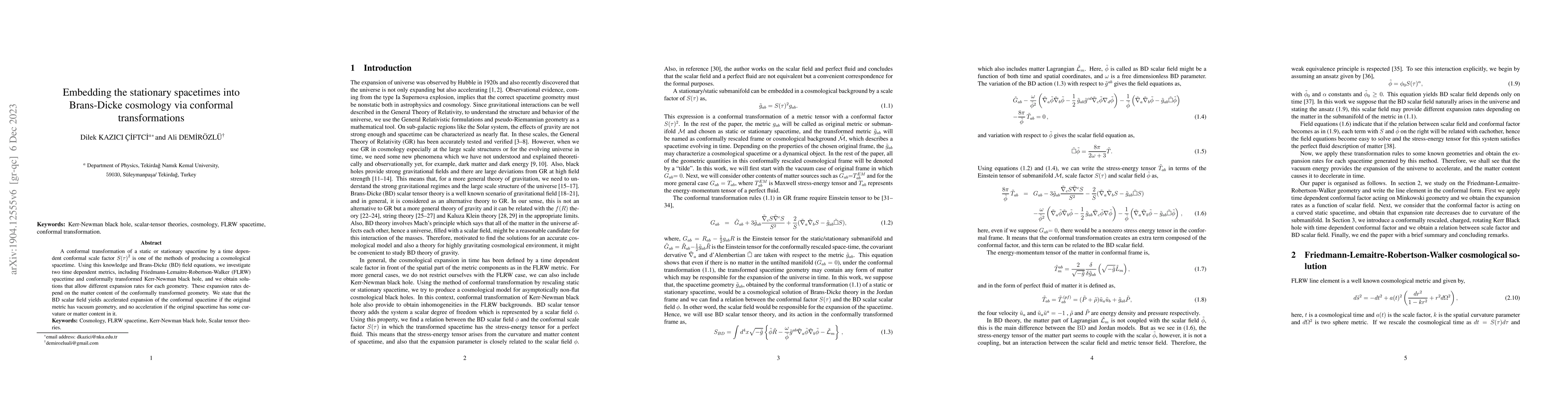 Thumbnail for Embedding the stationary spacetimes into Brans-Dicke cosmology via
  conformal transformations