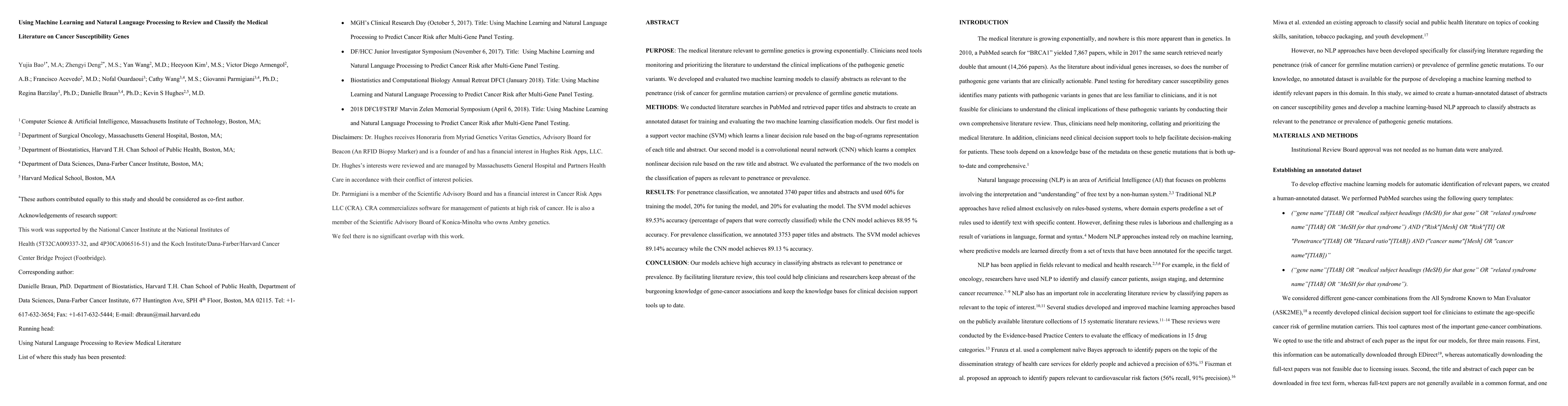 Thumbnail for Using Machine Learning and Natural Language Processing to Review and
  Classify the Medical Literature on Cancer Susceptibility Genes