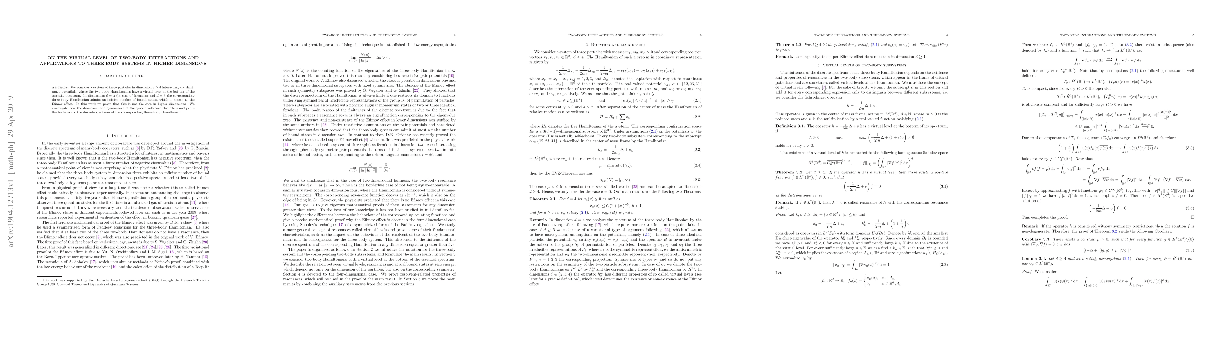 Thumbnail for On the virtual level of two-body interactions and applications to
  three-body systems in higher dimensions