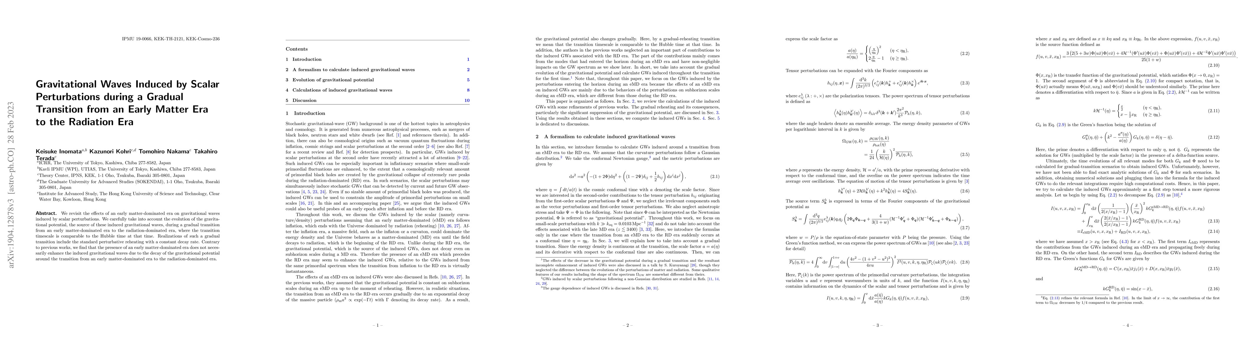 Thumbnail for Gravitational Waves Induced by Scalar Perturbations during a Gradual
  Transition from an Early Matter Era to the Radiation Era