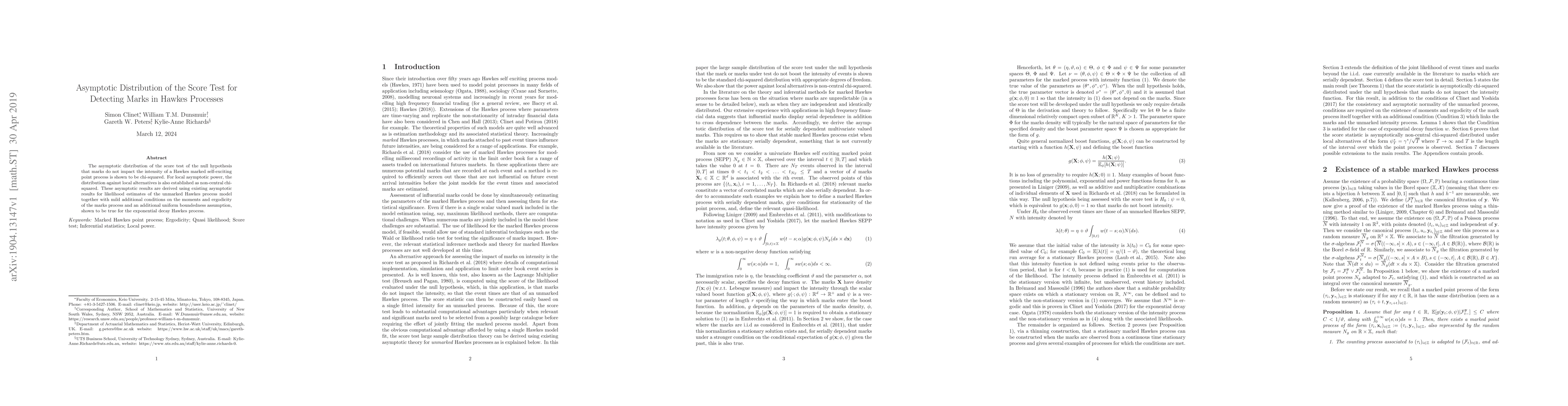 Thumbnail for Asymptotic Distribution of the Score Test for Detecting Marks in Hawkes
  Processes