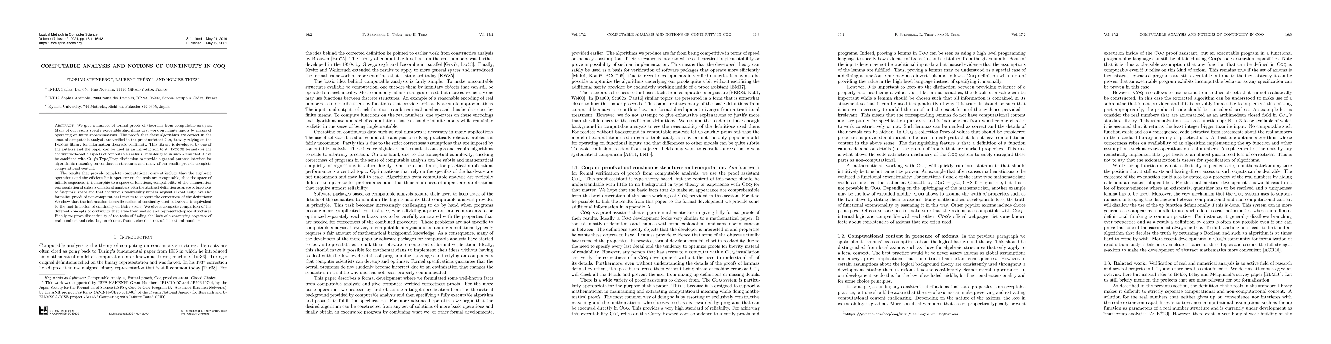 Thumbnail for Computable analysis and notions of continuity in Coq