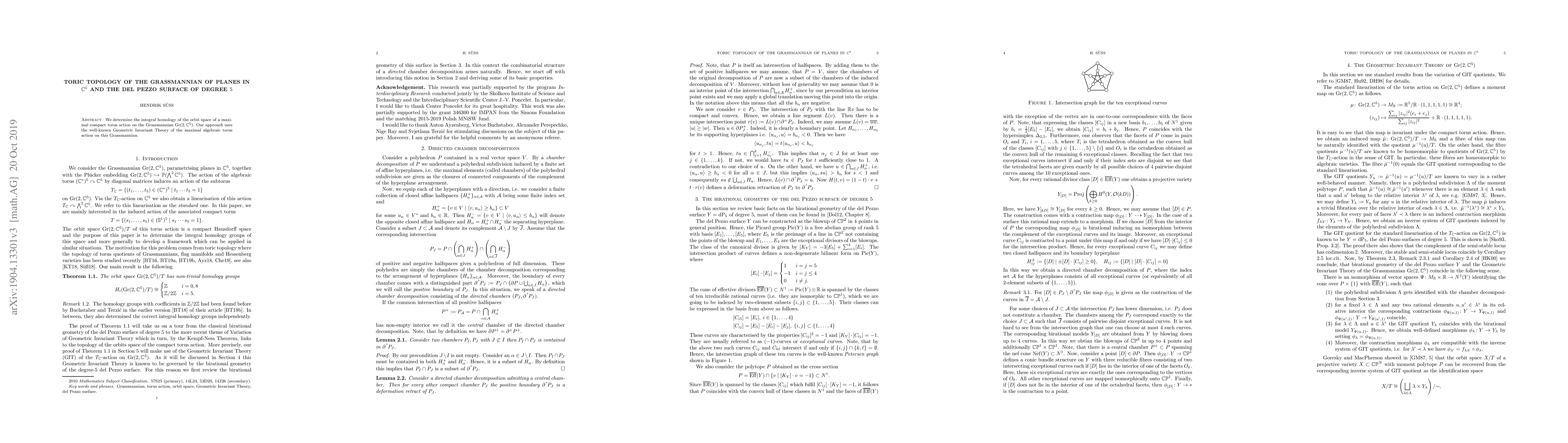 Thumbnail for Toric topology of the Grassmannian of planes in $\mathbb{C}^5$ and the
  del Pezzo surface of degree $5$