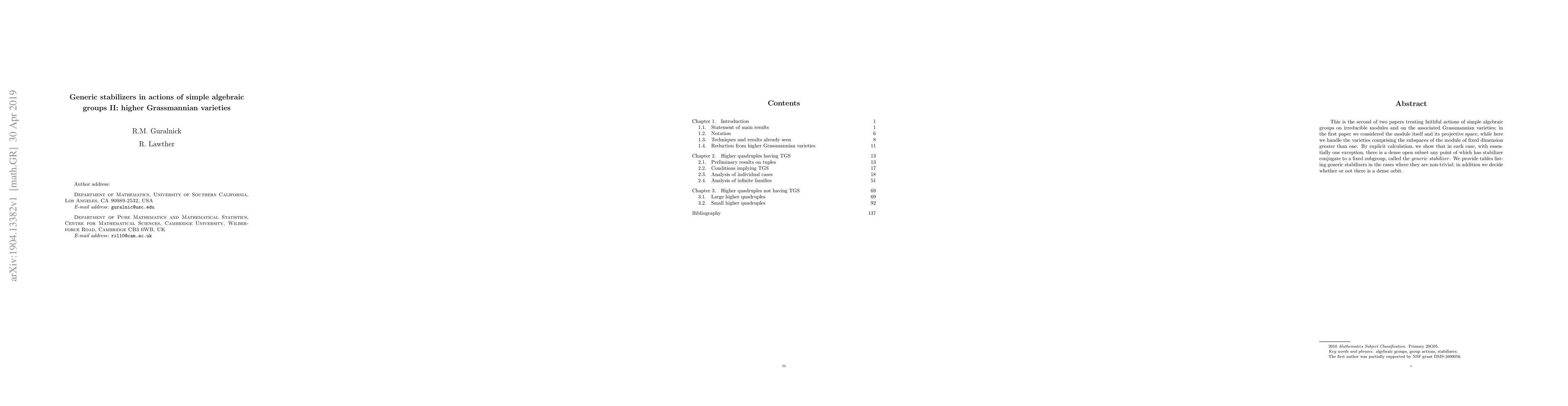 Thumbnail for Generic stabilizers in actions of simple algebraic groups II: higher
  Grassmannian varieties