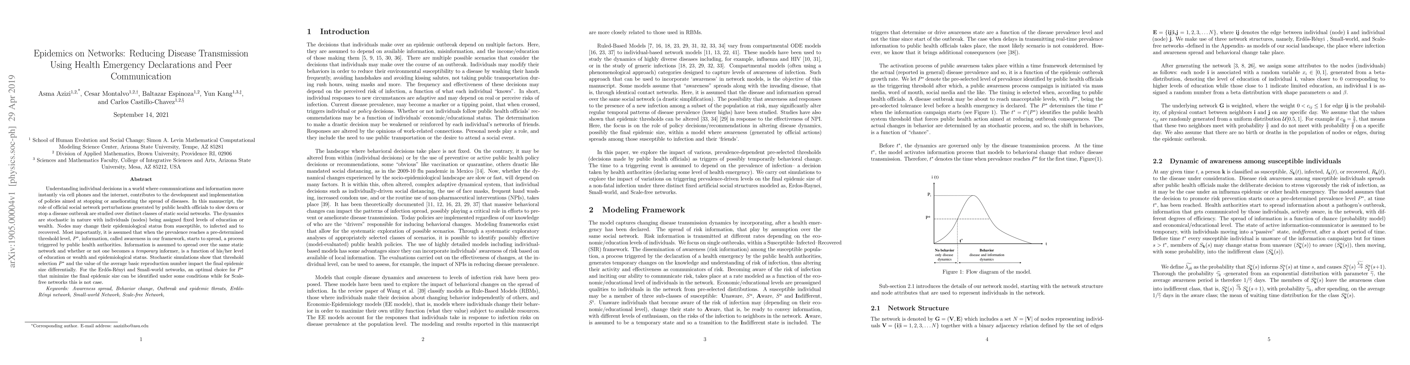 Thumbnail for Epidemics on Networks: Reducing Disease Transmission Using Health
  Emergency Declarations and Peer Communication