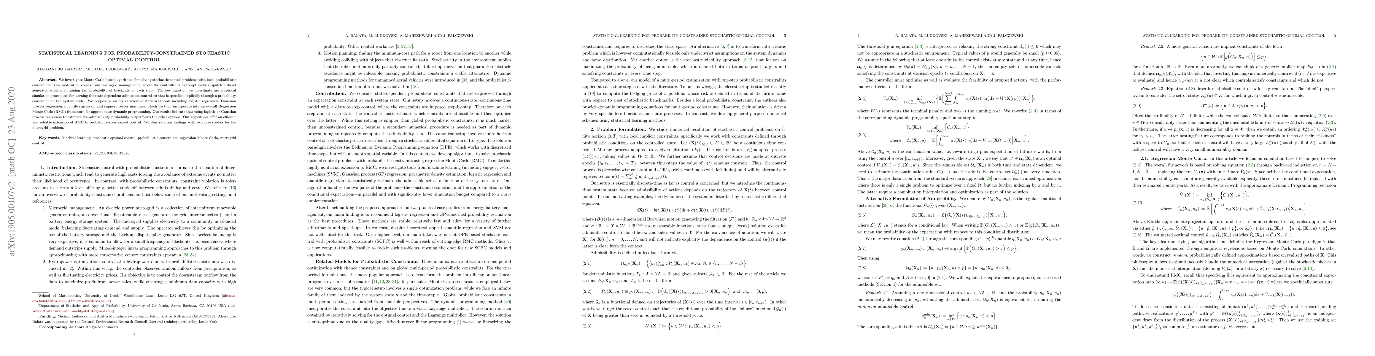 Thumbnail for Statistical Learning for Probability-Constrained Stochastic Optimal
  Control
