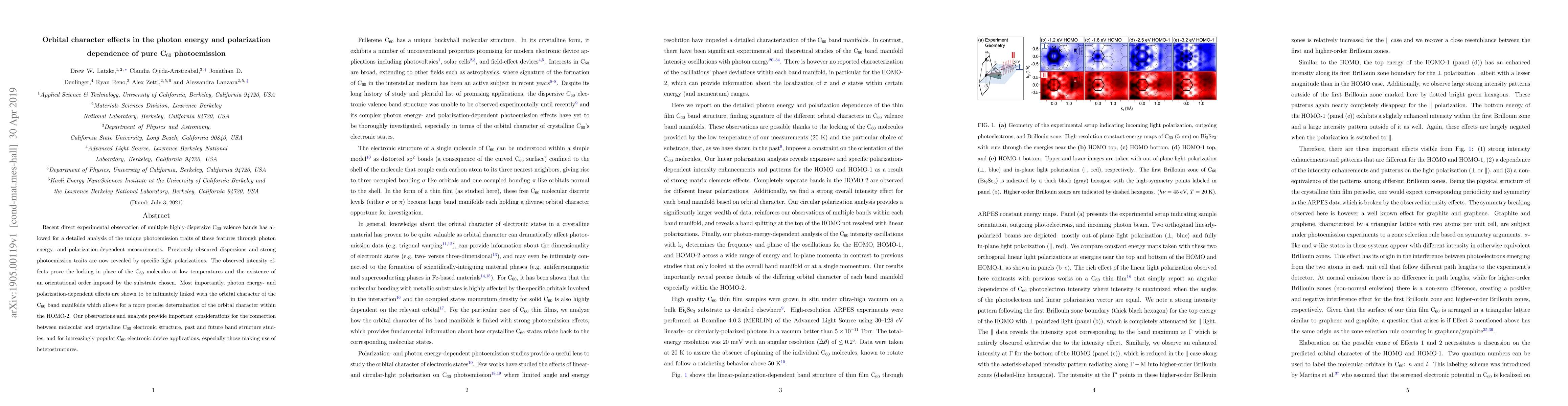 Thumbnail for Orbital character effects in the photon energy and polarization
  dependence of pure C60 photoemission