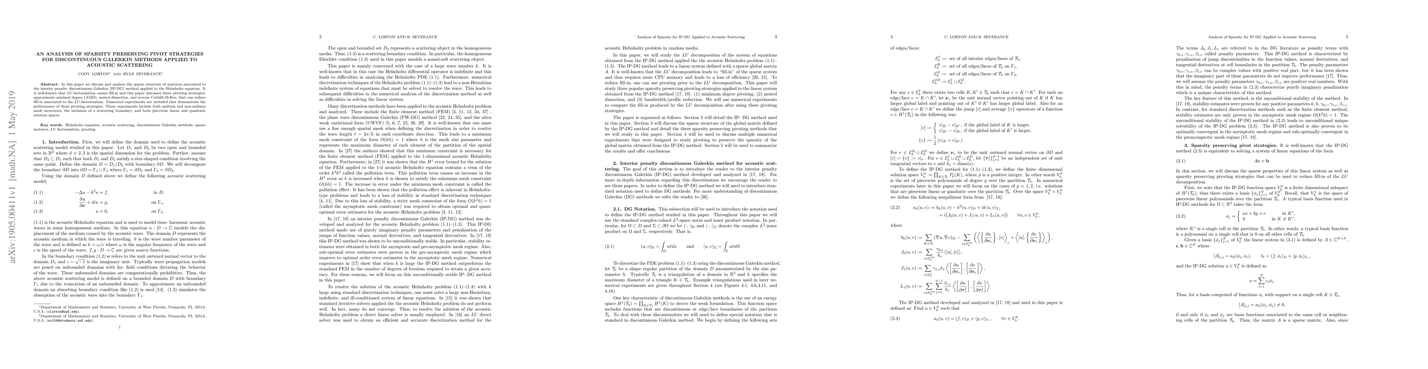 Thumbnail for An analysis of sparsity preserving pivot strategies for discontinuous
  Galerkin methods applied to acoustic scattering