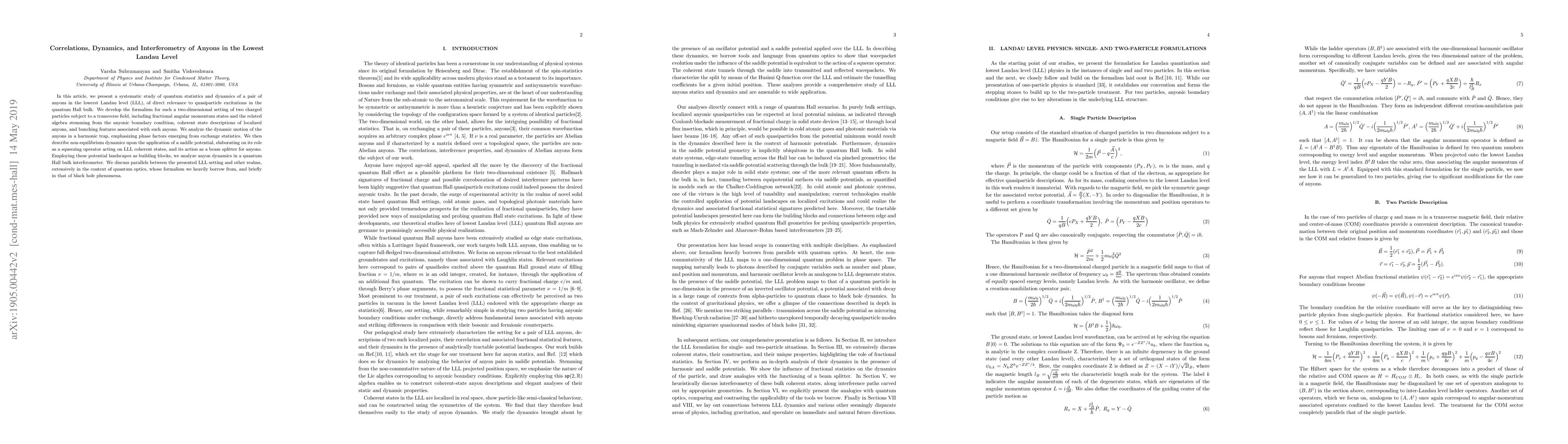 Thumbnail for Correlations, Dynamics, and Interferometry of Anyons in the Lowest
  Landau Level
