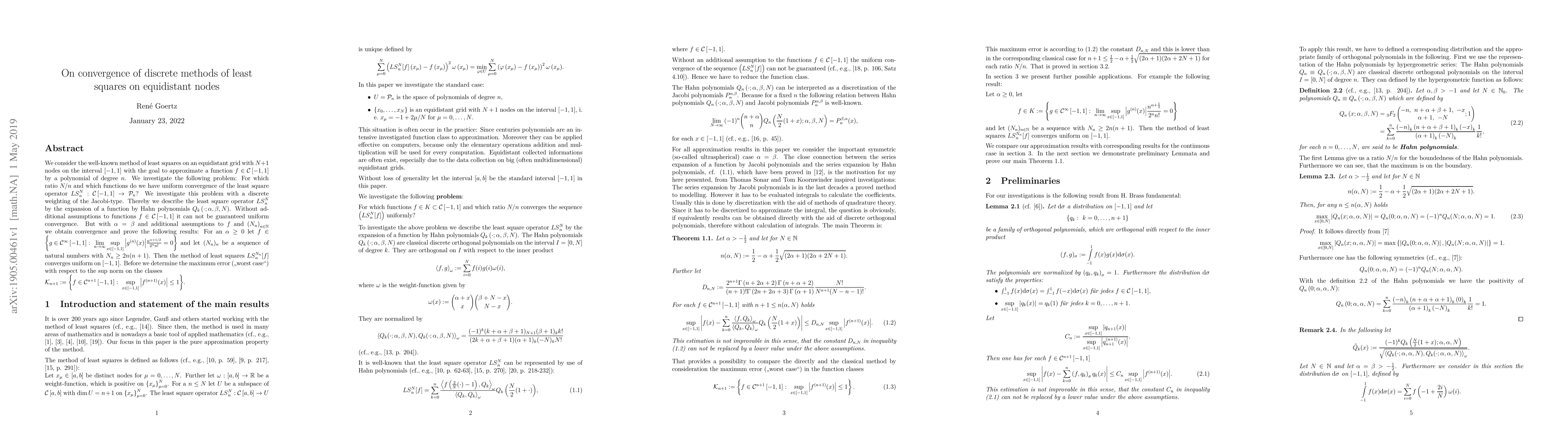 Thumbnail for On convergence of discrete methods of least squares on equidistant nodes