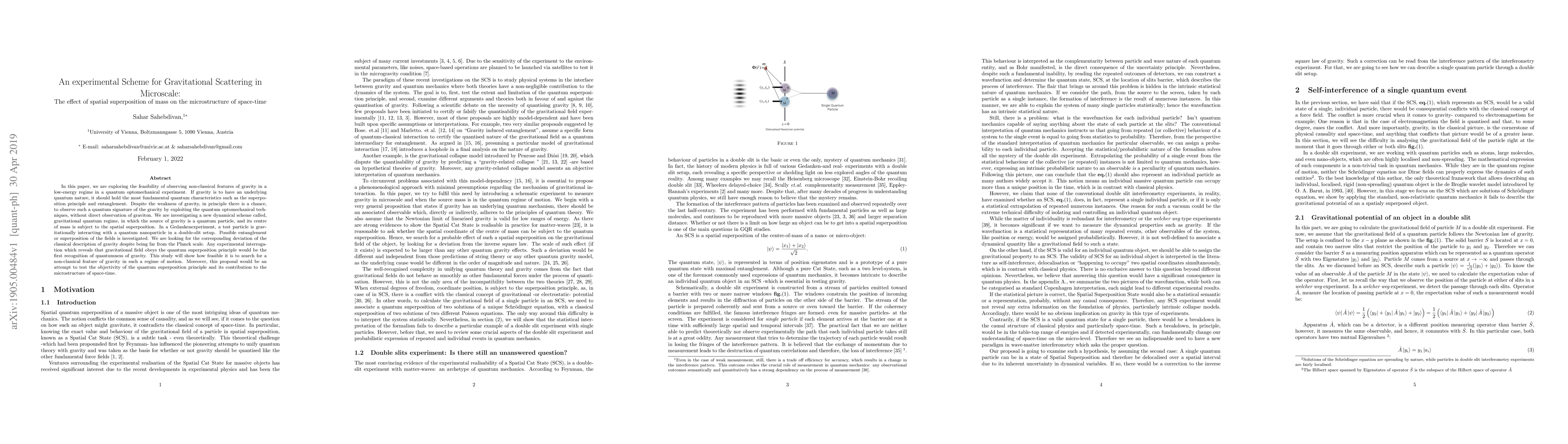 Thumbnail for An experimental Scheme for Gravitational Scattering in Microscale: The
  effect of spatial superposition of mass on the microstructure of space-time
