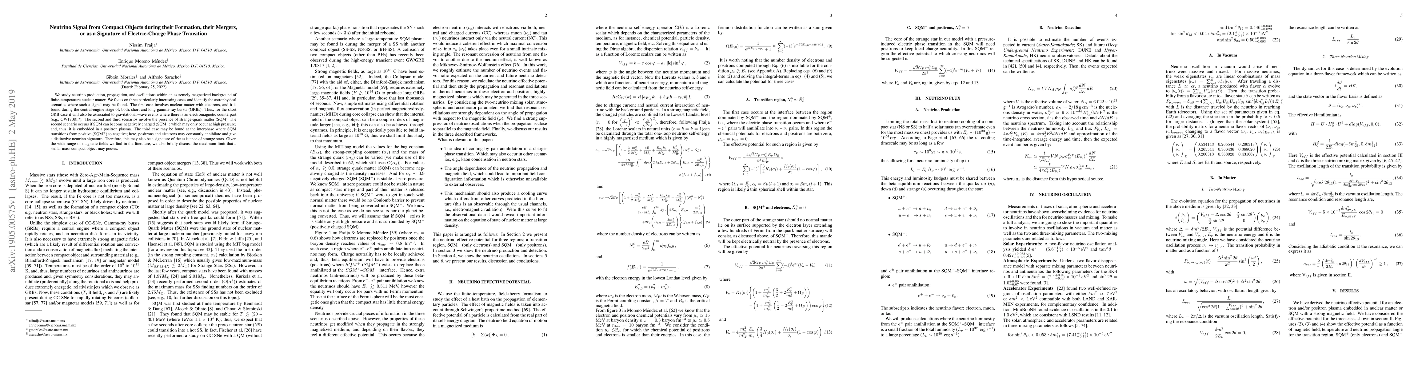 Thumbnail for Neutrino Signal from Compact Objects during their Formation, their
  Mergers, or as a Signature of Electric-Charge Phase Transition