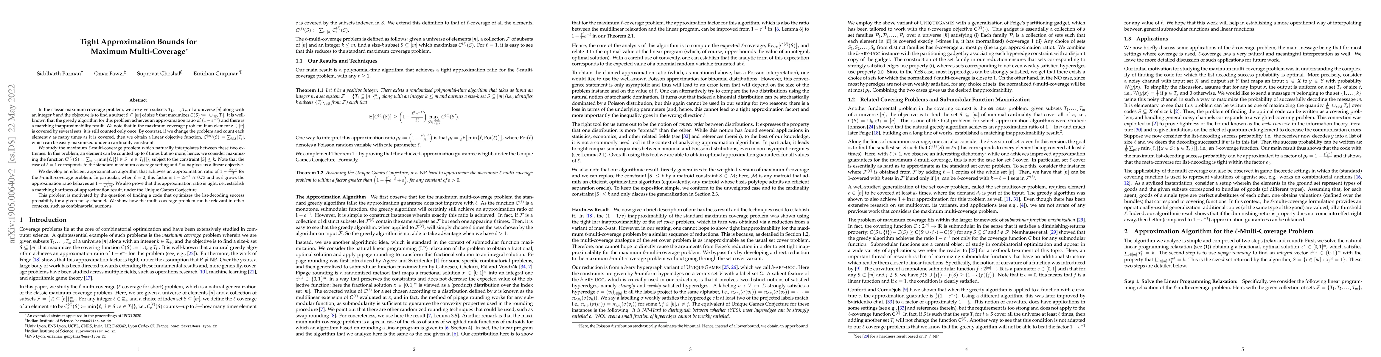 Thumbnail for Tight Approximation Bounds for Maximum Multi-Coverage