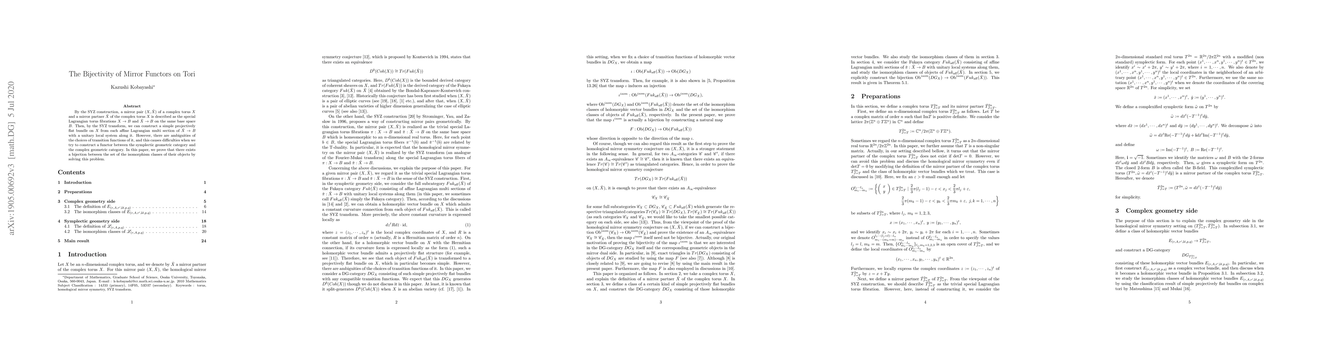 Thumbnail for The bijectivity of mirror functors on tori