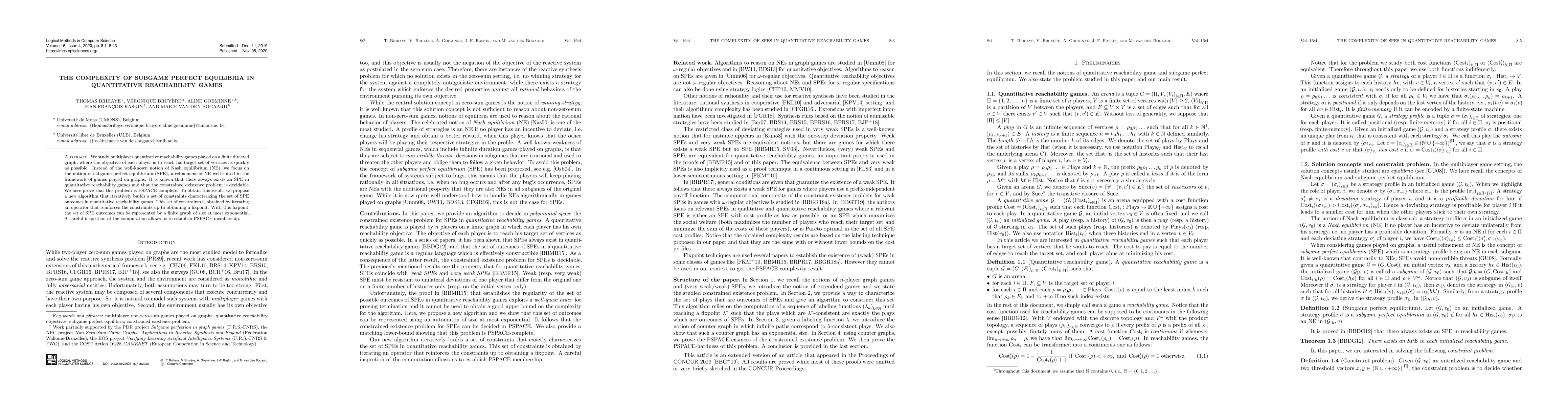 Thumbnail for The Complexity of Subgame Perfect Equilibria in Quantitative
  Reachability Games