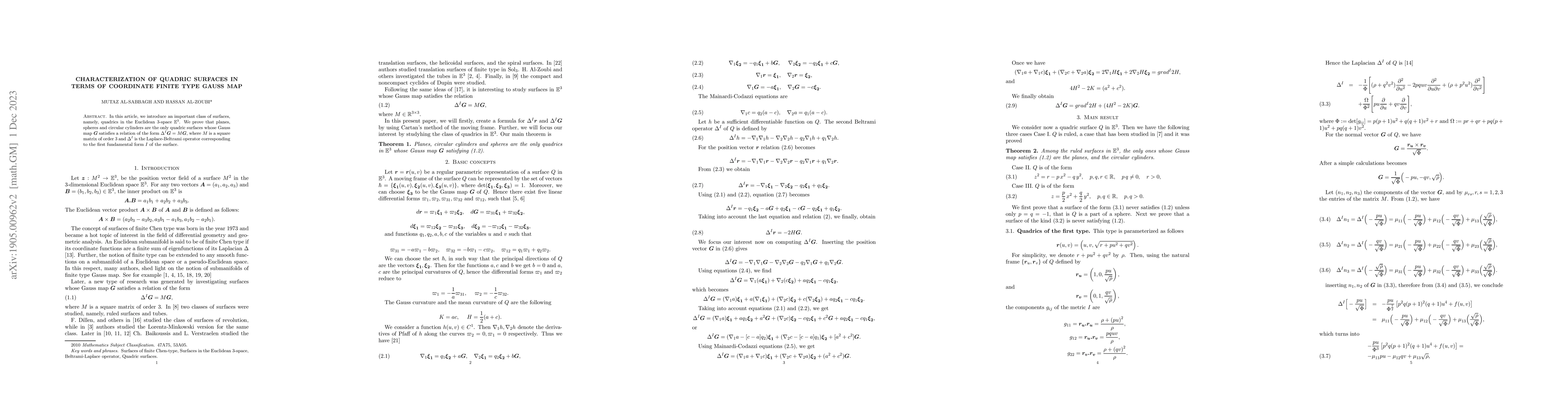 Thumbnail for Characterization of quadric surfaces in terms of coordinate finite type
  Gauss map