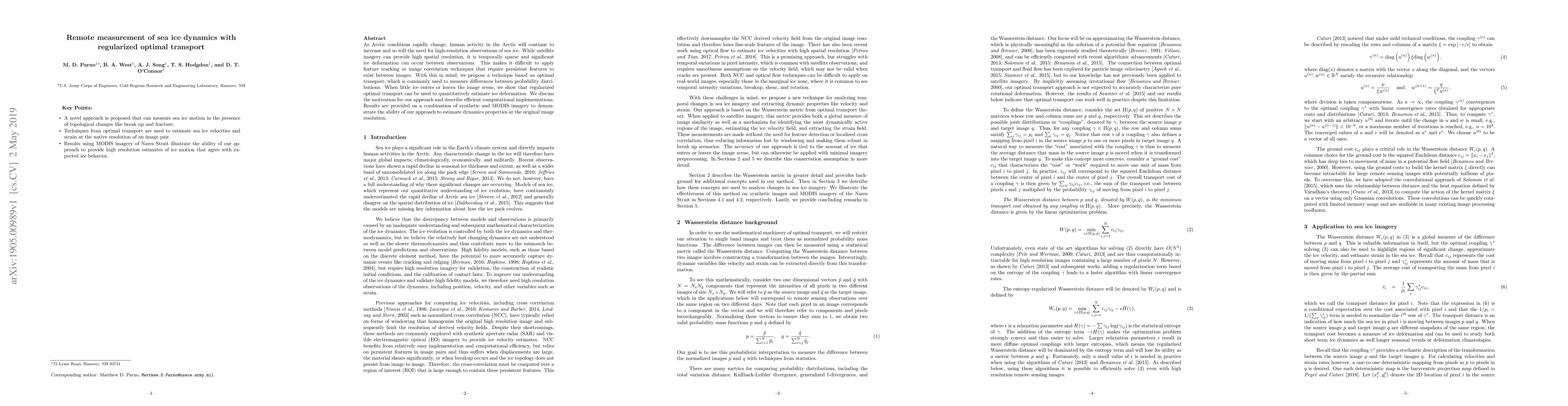 Thumbnail for Remote measurement of sea ice dynamics with regularized optimal
  transport