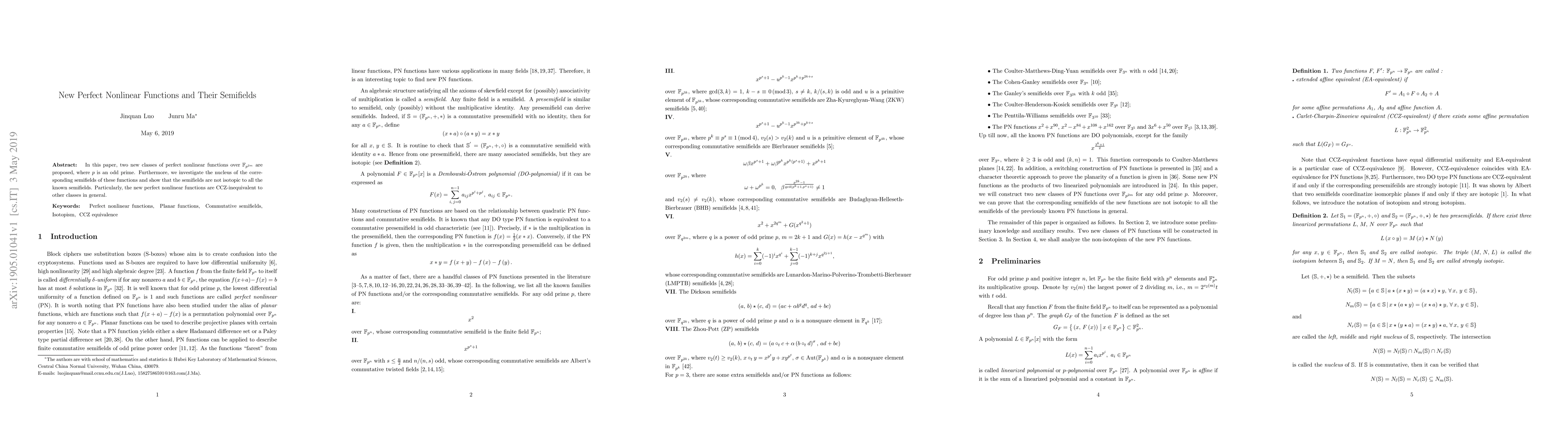 Thumbnail for New Perfect Nonlinear Functions and Their Semifields