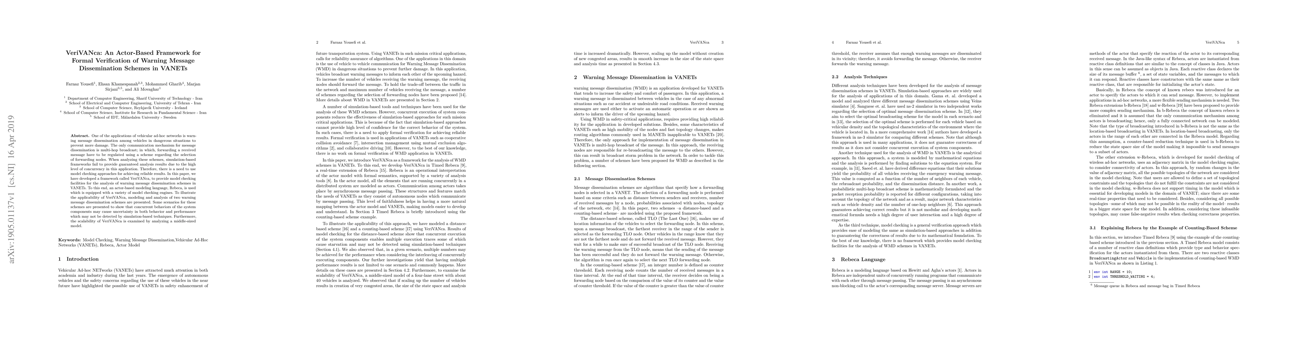 Thumbnail for VeriVANca: An Actor-Based Framework for Formal Verification of Warning
  Message Dissemination Schemes in VANETs