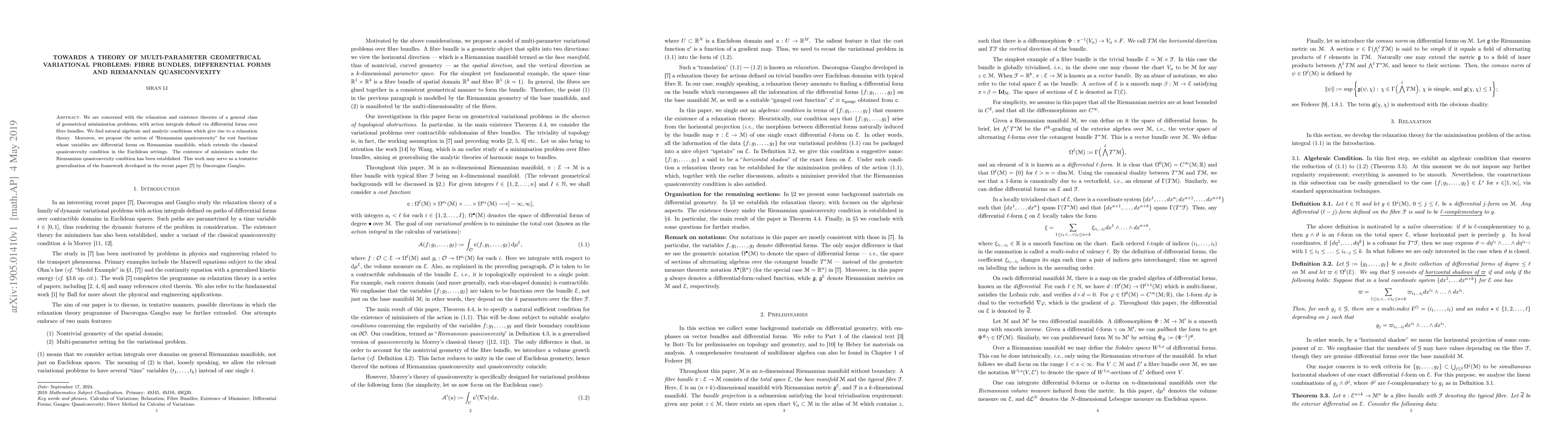 Thumbnail for Towards a Theory of Multi-Parameter Geometrical Variational Problems:
  Fibre Bundles, Differential Forms and Riemannian Quasiconvexity