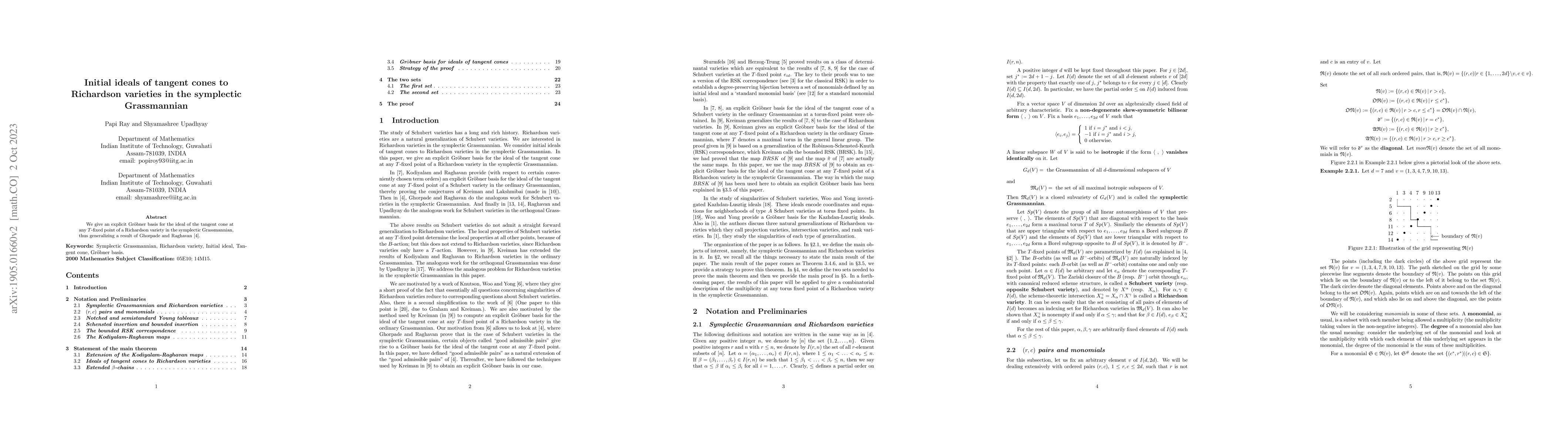 Thumbnail for Initial ideals of tangent cones to Richardson varieties in the
  Symplectic Grassmannian