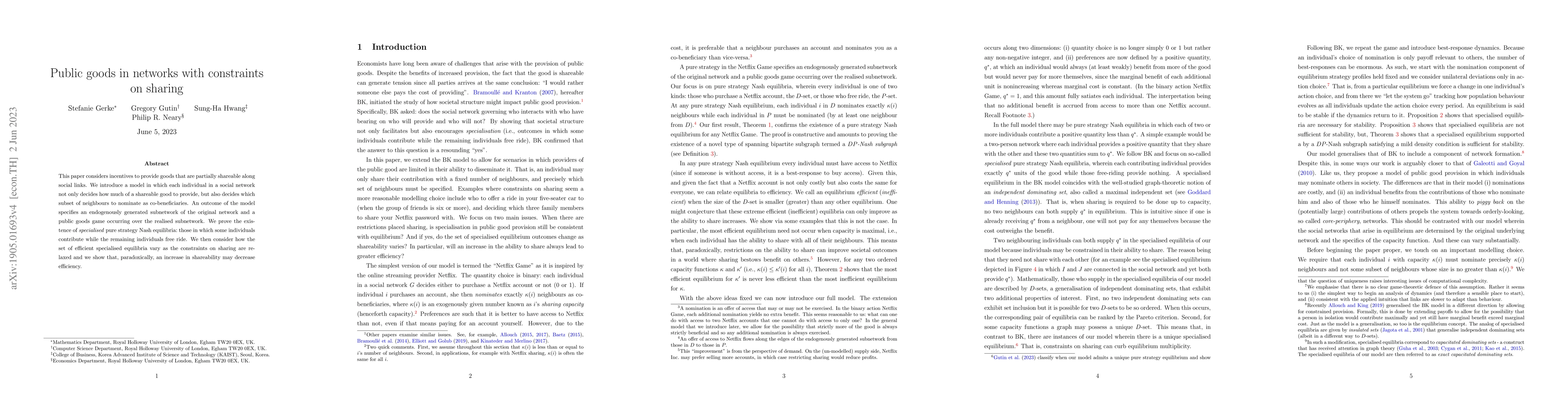 Thumbnail for Public goods in networks with constraints on sharing