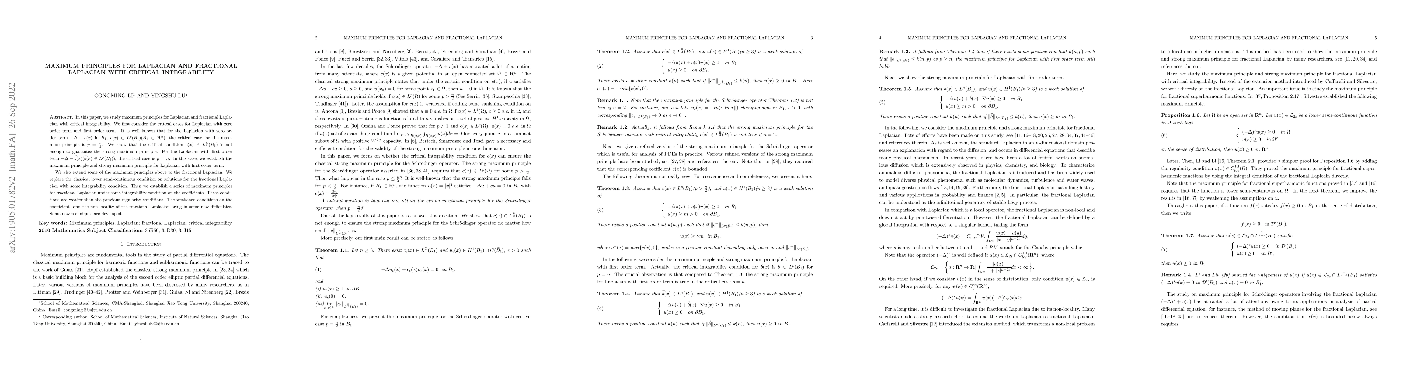 Thumbnail for Maximum principles for Laplacian and fractional Laplacian with critical
  integrability